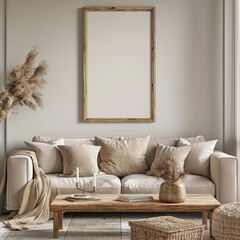 Mockup frame in Scandi living room interior, 3d render