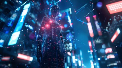 Capture a high-angle view of futuristic holographic technologies meeting avant-garde fashion trends Include dynamic lighting to enhance the sleek designs and urban backdrop