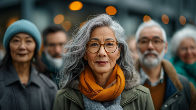 Diverse group of people of retirement age with gray hair with a leader in the middle - Powered by Adobe