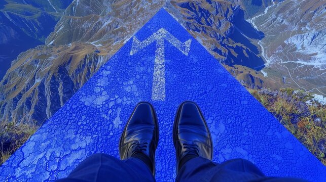 Close-up of businessman standing on an upward arrow, symbolizing achievement and success, analyzing financial and investment data