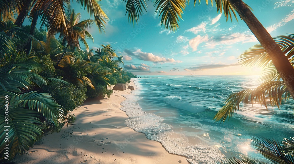 Wall mural tropical beach with palm trees swaying gently in the summer breeze