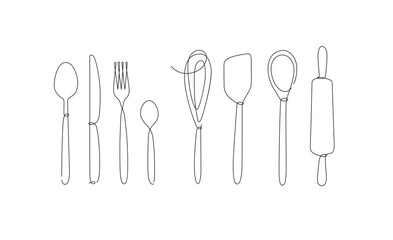 Kitchen appliances and cutlery spoon, fork, knife, teaspoon, whisk, rolling pin, spatula drawing in linear style on white background.