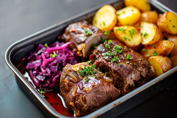 Delicious beef roulade with potatoes and red cabbage in lunch box container