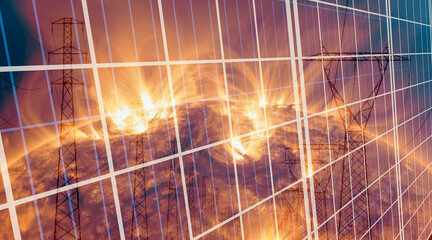 Solar panel with our star sun orange abstract background photovoltaic renewable sources green...