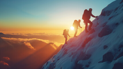 Help and teamwork concepts with silhouette of climbers helping each other reach the top of mountain