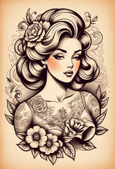 A lady woman tattoo texture design illustration, sketch vintage illustration