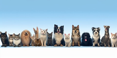 Large group of cats and dogs looking at the camera on blue background