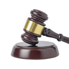 A wooden gavel sits on a brown and gold base.
