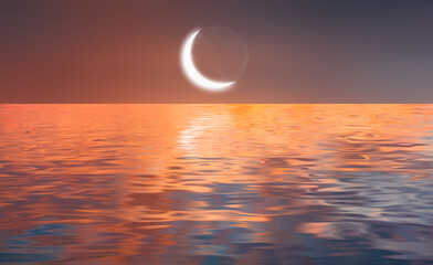 Ramadan Concept - Abstract background with Crescent moon over the sunset 