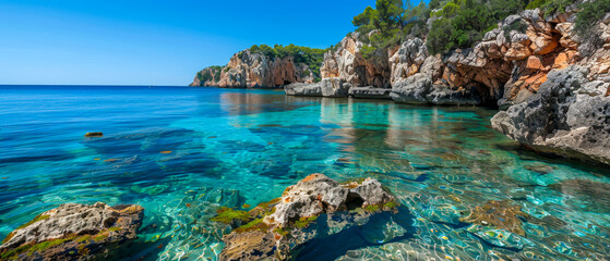 A beautiful blue ocean with a rocky shoreline