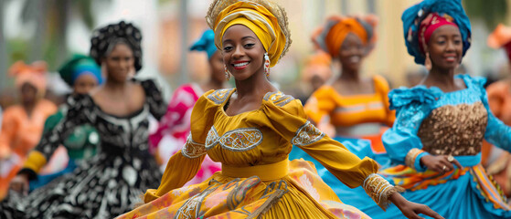 Naklejka premium African women in traditional clothing dance to celebrate LGBTQ pride month in bright yellow blue black orange costumes.