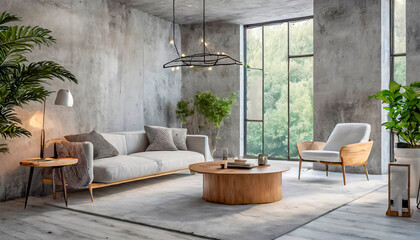 dise&ntilde;o de interiores, salon minimalista con paredes de hormig&oacute;n