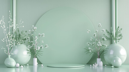 Green modern minimalistic interior background wall mockup 3d render	
