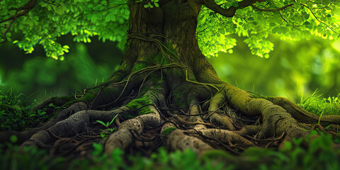 Emblematic Forest Green: A tree, its gnarled roots etched with the tales of hardship, strives towards the azure heavens