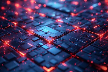 A glowing blue and red circuit board with sparks.