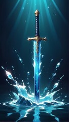 crystal sword on water illustration, blue water sword, antique sword water element, shinning sword, prince sword, standing sword water splash, warrior sword, anime sword, fighter royal sword