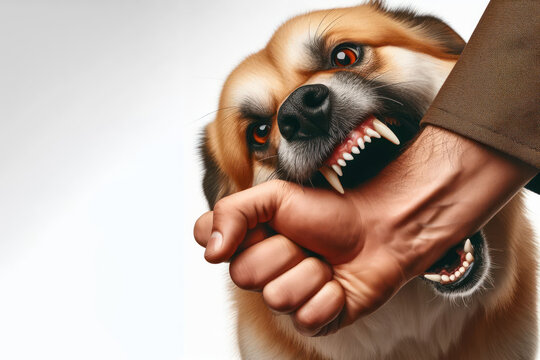 An angry dog with open mouth bit a man hand isolated on a white background