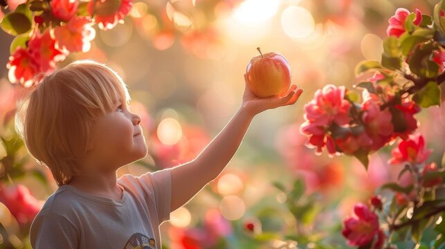 A child joyfully tossing an apple in the air, selective focus, in a sunlit park, whimsical, Overlay, with a backdrop of blooming spring flowers