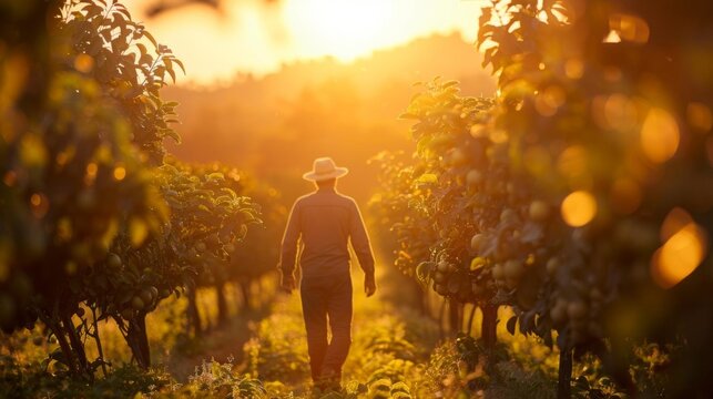 A farmer inspecting the quality of fruits in an orchard, focus on, during harvest season, realistic, Silhouette, with rows of trees fading into the sunset