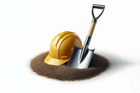 Shovel and hardhat at a groundbreaking Isolated on white background