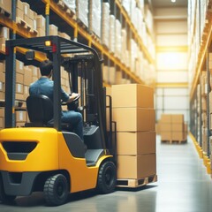 Naklejka premium yellow forklift with boxes on white warehouse blurred background