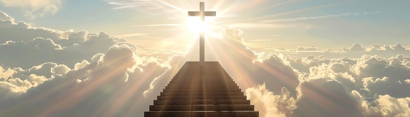 A stairway leads up to a shining cross in the sky.