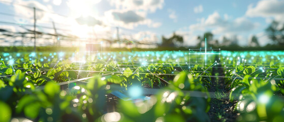 A field of green plants with a blue sky in the background