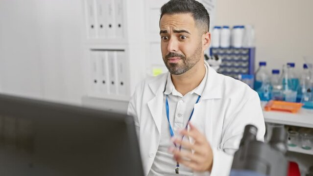 Furious young hispanic man in scientist uniform, shouting loud at computer in lab, hand over mouth amplifying his angry scream