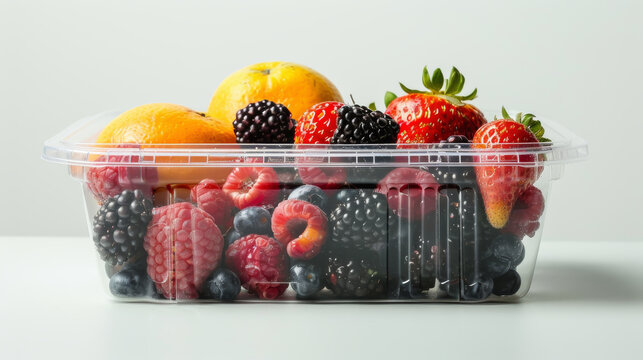 A plastic container of fruit including strawberries, blueberries
