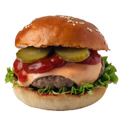 A cheeseburger with a sesame seed bun, lettuce, tomato, pickles, and cheese.