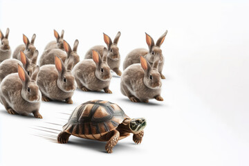 Obraz premium Fast turtle running in front of rabbits Isolated on white background copy space