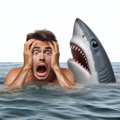 Naklejka premium Frightened surprised guy in the water next to a shark fin Isolated on white background copy space