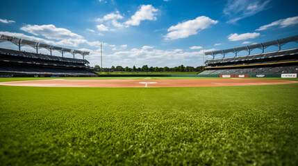 Baseball Diamond with Green Grass and Empty Stadium