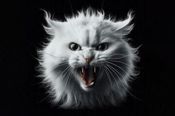 Furious Aggressive White Domestic Cat Isolated on black background
