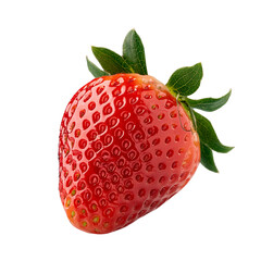 A single strawberry with green leaves on top, set against a white background.