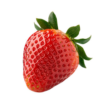 A single strawberry with green leaves on top, set against a white background.