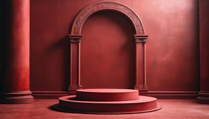 red podium on sides on simple pastel red wall background