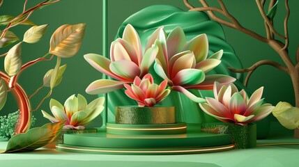 A captivating image showcasing magical magnolia flowers with fantasy colors set against a luxurious...