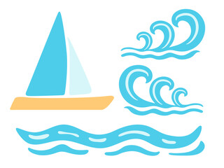 Fototapeta premium Sea waves and sailboat vector set. Water wave and yacht in simple flat style isolated on white background. Cute kids illustrations. Nautical symbols. Sailing or vacation cruise concept