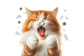 Cat sneezes and runny nose, allergy concept Isolated on white background