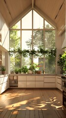 Expansive OpenLayout Kitchen Basking in Hazy Summer Light and Lush Garden View