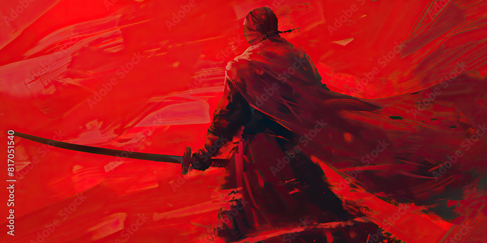 Canvas Prints Alizarin Crimson: A Warrior's Resolve, Steel Meets Wind in Epic Battle Pose