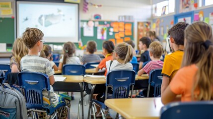 Children of various ages are seated at desks in a classroom, engaged in learning activities.