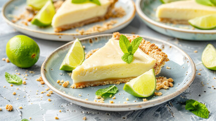 A slice of lime pie with a green leaf on top