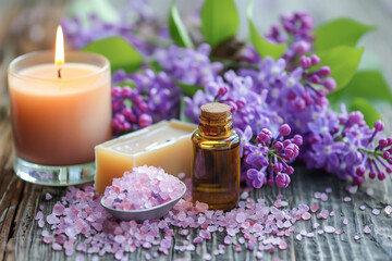 Obraz na płótnie Canvas Sea salt with lavender flower and aroma oil, natural health spa treatment therapy.