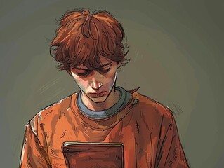 A young man with short red hair and a beard is sitting on a bed in a prison cell. He is wearing an orange jumpsuit and is looking down at a book in his hands. The background is a dark green color.