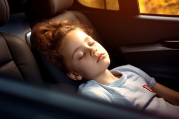 little girl sleeping while traveling by car with her mother