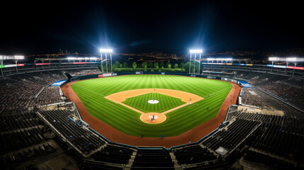 Baseball stadium at night with illuminated field and city skyline