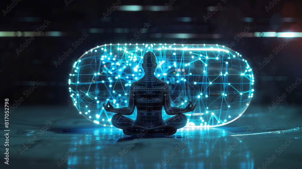 Wall mural pill with ai for astral yoga silhouette of human in cosmic space meditate. back view man practicing 