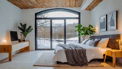 habitaci&oacute;n decorada con estilo escandinavo, con vistas a la monta&ntilde;a